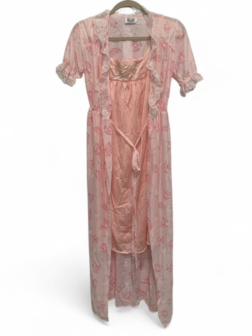 Vintage Pink Floral Lace Trim Robe & Nightgown Set